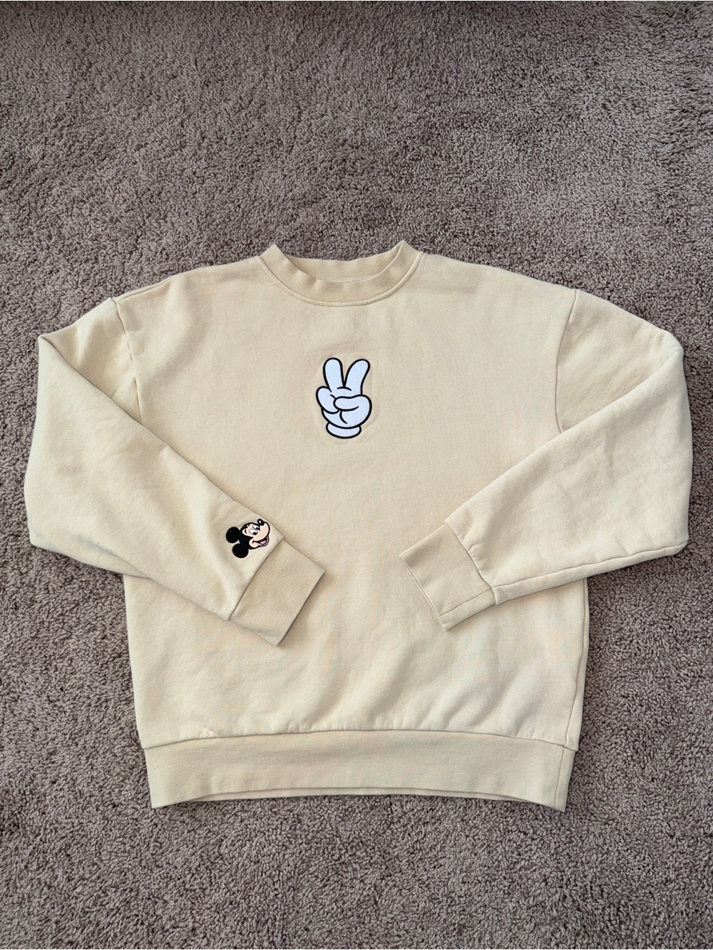 ShopDisney Mickey Mouse Glove Peace Sign Crewneck Sweatshirt Cream S